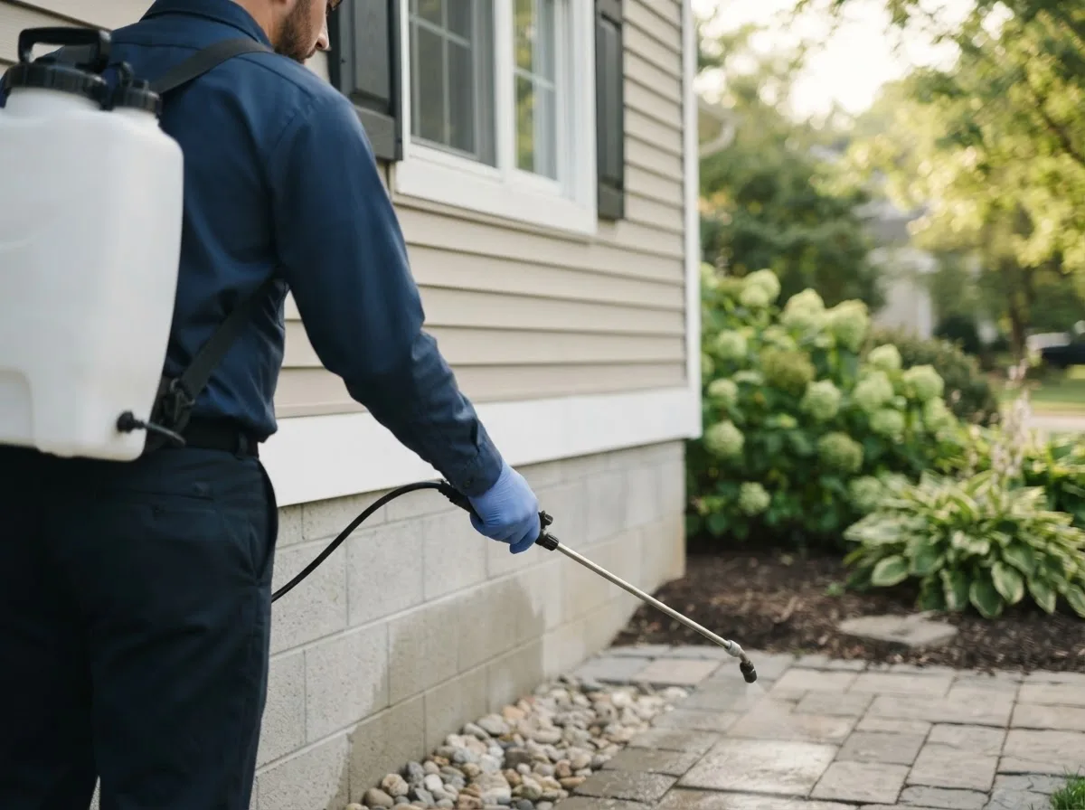 Pest control technician inspecting a home in Cove City, NC